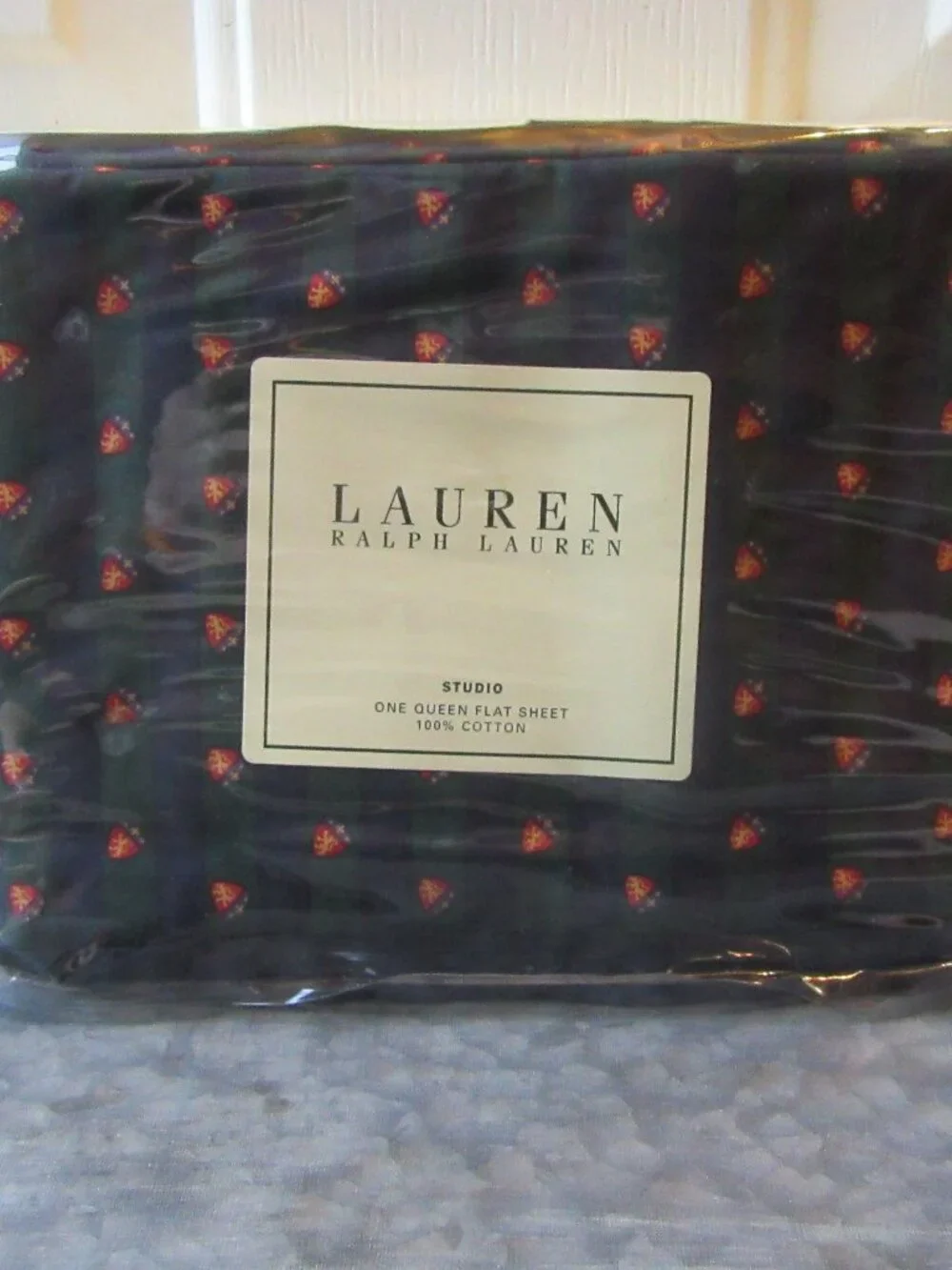 New in Package Unused Vintage Ralph Lauren Queen Flat Sheet Studio Crest Stripe